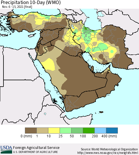Middle East and Turkey Precipitation 10-Day (WMO) Thematic Map For 11/6/2021 - 11/15/2021