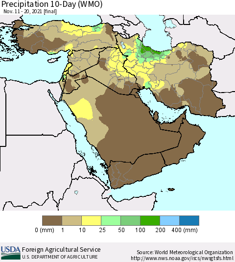 Middle East and Turkey Precipitation 10-Day (WMO) Thematic Map For 11/11/2021 - 11/20/2021