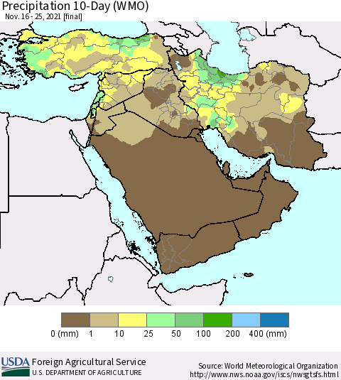 Middle East and Turkey Precipitation 10-Day (WMO) Thematic Map For 11/16/2021 - 11/25/2021