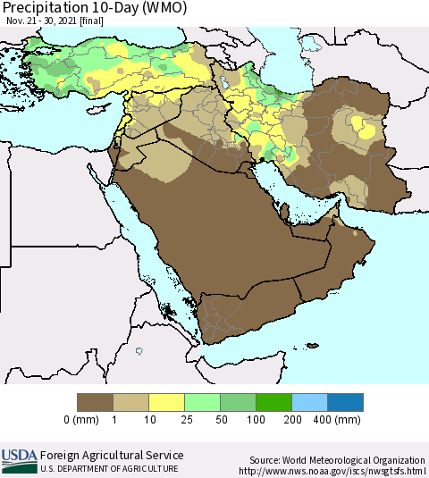 Middle East and Turkey Precipitation 10-Day (WMO) Thematic Map For 11/21/2021 - 11/30/2021