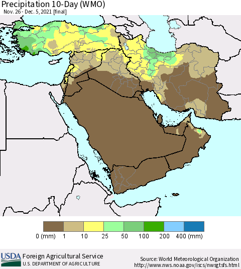 Middle East and Turkey Precipitation 10-Day (WMO) Thematic Map For 11/26/2021 - 12/5/2021