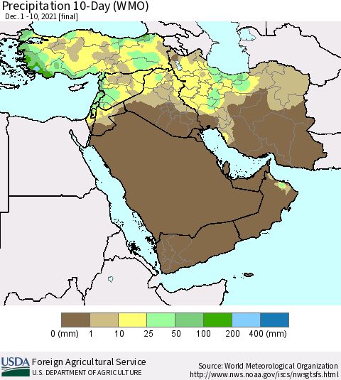 Middle East and Turkey Precipitation 10-Day (WMO) Thematic Map For 12/1/2021 - 12/10/2021