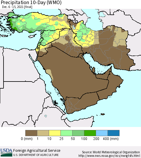 Middle East and Turkey Precipitation 10-Day (WMO) Thematic Map For 12/6/2021 - 12/15/2021