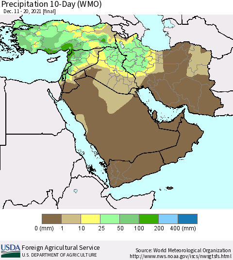 Middle East and Turkey Precipitation 10-Day (WMO) Thematic Map For 12/11/2021 - 12/20/2021