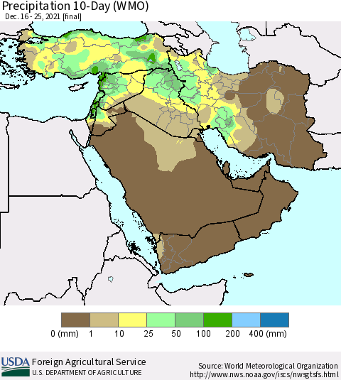 Middle East and Turkey Precipitation 10-Day (WMO) Thematic Map For 12/16/2021 - 12/25/2021