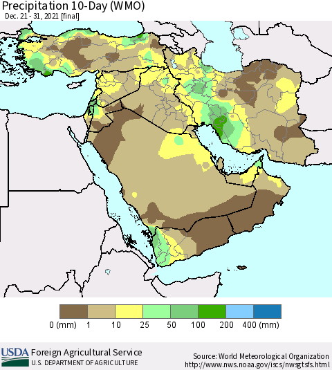Middle East and Turkey Precipitation 10-Day (WMO) Thematic Map For 12/21/2021 - 12/31/2021