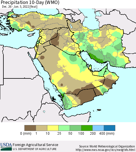 Middle East and Turkey Precipitation 10-Day (WMO) Thematic Map For 12/26/2021 - 1/5/2022