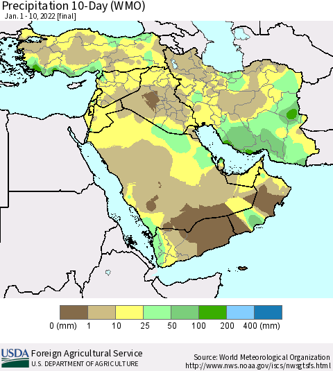 Middle East and Turkey Precipitation 10-Day (WMO) Thematic Map For 1/1/2022 - 1/10/2022
