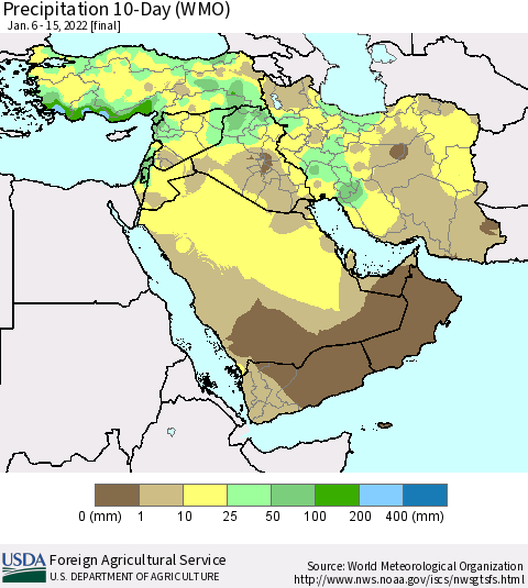 Middle East and Turkey Precipitation 10-Day (WMO) Thematic Map For 1/6/2022 - 1/15/2022