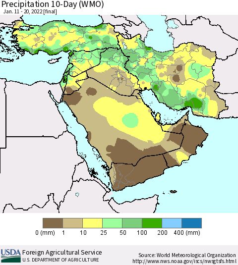 Middle East and Turkey Precipitation 10-Day (WMO) Thematic Map For 1/11/2022 - 1/20/2022