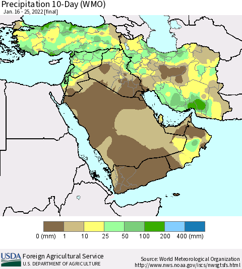 Middle East and Turkey Precipitation 10-Day (WMO) Thematic Map For 1/16/2022 - 1/25/2022