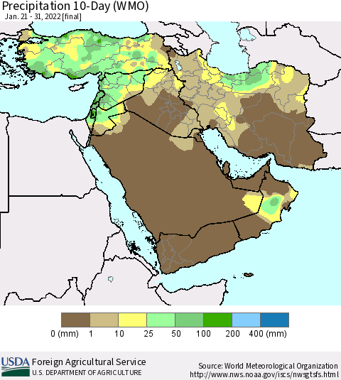 Middle East and Turkey Precipitation 10-Day (WMO) Thematic Map For 1/21/2022 - 1/31/2022
