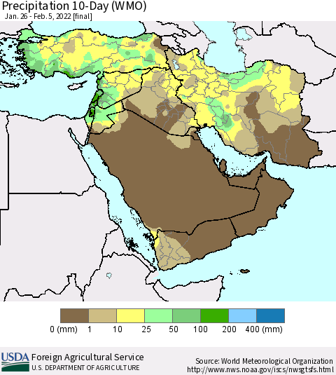 Middle East and Turkey Precipitation 10-Day (WMO) Thematic Map For 1/26/2022 - 2/5/2022