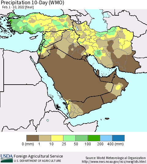 Middle East and Turkey Precipitation 10-Day (WMO) Thematic Map For 2/1/2022 - 2/10/2022