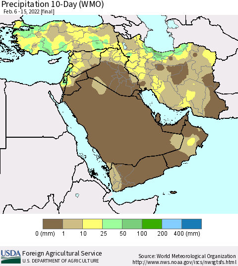 Middle East and Turkey Precipitation 10-Day (WMO) Thematic Map For 2/6/2022 - 2/15/2022