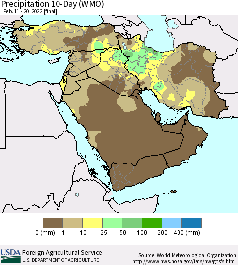 Middle East and Turkey Precipitation 10-Day (WMO) Thematic Map For 2/11/2022 - 2/20/2022