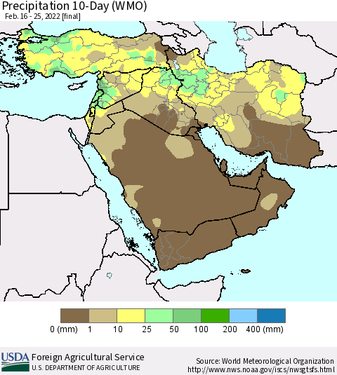 Middle East and Turkey Precipitation 10-Day (WMO) Thematic Map For 2/16/2022 - 2/25/2022