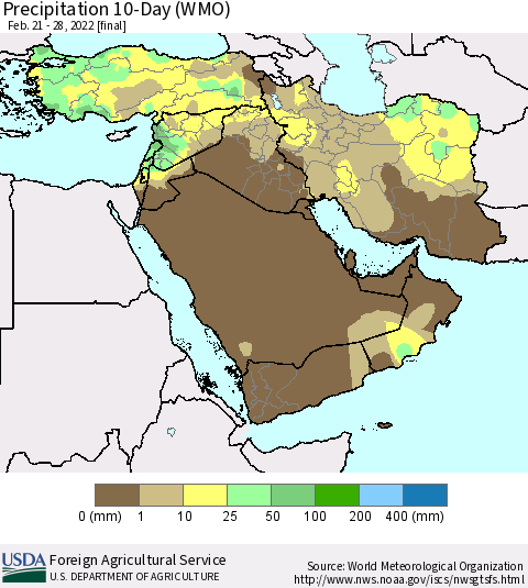 Middle East and Turkey Precipitation 10-Day (WMO) Thematic Map For 2/21/2022 - 2/28/2022