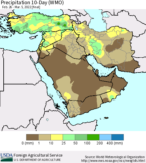 Middle East and Turkey Precipitation 10-Day (WMO) Thematic Map For 2/26/2022 - 3/5/2022