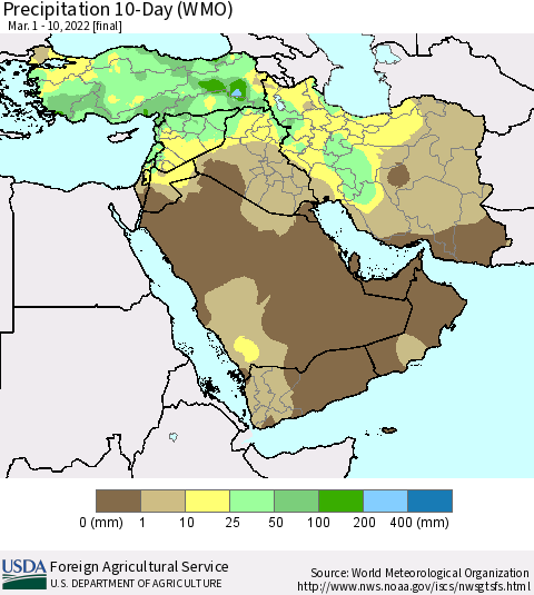 Middle East and Turkey Precipitation 10-Day (WMO) Thematic Map For 3/1/2022 - 3/10/2022