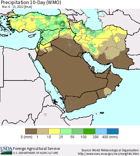 Middle East and Turkey Precipitation 10-Day (WMO) Thematic Map For 3/6/2022 - 3/15/2022