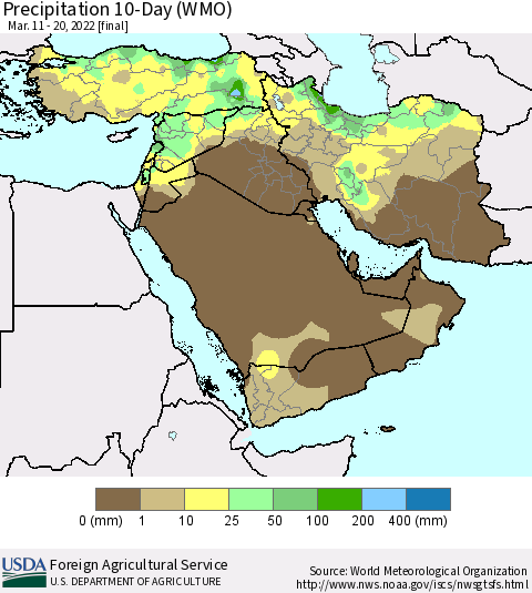 Middle East and Turkey Precipitation 10-Day (WMO) Thematic Map For 3/11/2022 - 3/20/2022