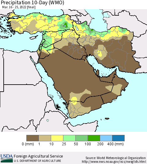 Middle East and Turkey Precipitation 10-Day (WMO) Thematic Map For 3/16/2022 - 3/25/2022