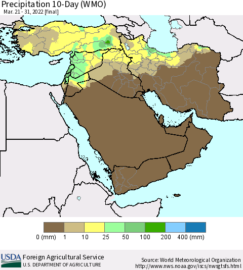 Middle East and Turkey Precipitation 10-Day (WMO) Thematic Map For 3/21/2022 - 3/31/2022