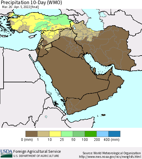 Middle East and Turkey Precipitation 10-Day (WMO) Thematic Map For 3/26/2022 - 4/5/2022
