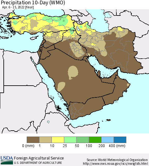 Middle East and Turkey Precipitation 10-Day (WMO) Thematic Map For 4/6/2022 - 4/15/2022