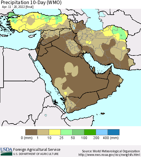 Middle East and Turkey Precipitation 10-Day (WMO) Thematic Map For 4/11/2022 - 4/20/2022