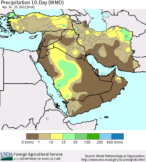 Middle East and Turkey Precipitation 10-Day (WMO) Thematic Map For 4/16/2022 - 4/25/2022