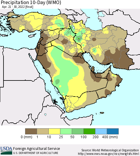 Middle East and Turkey Precipitation 10-Day (WMO) Thematic Map For 4/21/2022 - 4/30/2022
