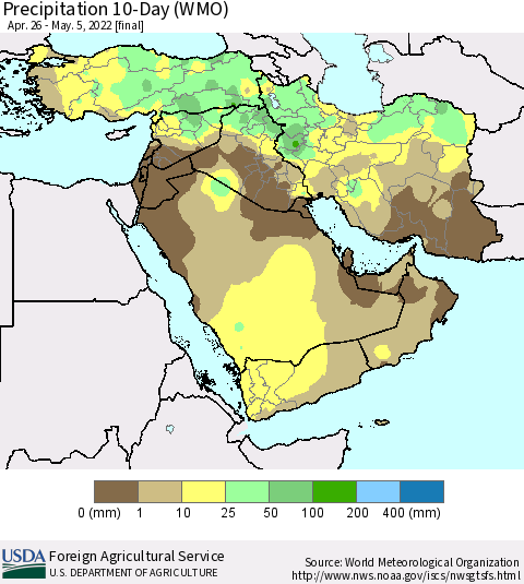 Middle East and Turkey Precipitation 10-Day (WMO) Thematic Map For 4/26/2022 - 5/5/2022