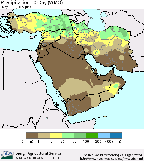 Middle East and Turkey Precipitation 10-Day (WMO) Thematic Map For 5/1/2022 - 5/10/2022