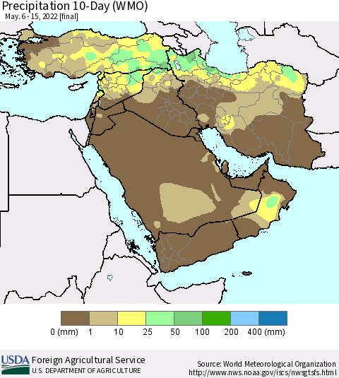 Middle East and Turkey Precipitation 10-Day (WMO) Thematic Map For 5/6/2022 - 5/15/2022