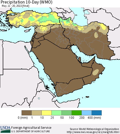 Middle East and Turkey Precipitation 10-Day (WMO) Thematic Map For 5/11/2022 - 5/20/2022