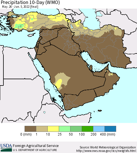 Middle East and Turkey Precipitation 10-Day (WMO) Thematic Map For 5/26/2022 - 6/5/2022