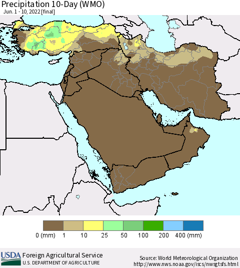 Middle East and Turkey Precipitation 10-Day (WMO) Thematic Map For 6/1/2022 - 6/10/2022