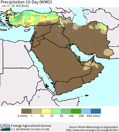 Middle East and Turkey Precipitation 10-Day (WMO) Thematic Map For 6/11/2022 - 6/20/2022