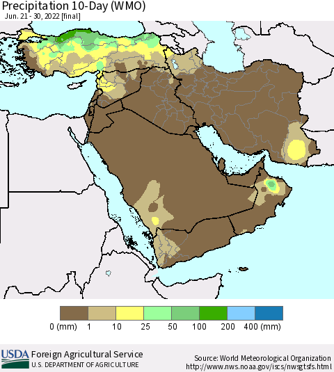 Middle East and Turkey Precipitation 10-Day (WMO) Thematic Map For 6/21/2022 - 6/30/2022