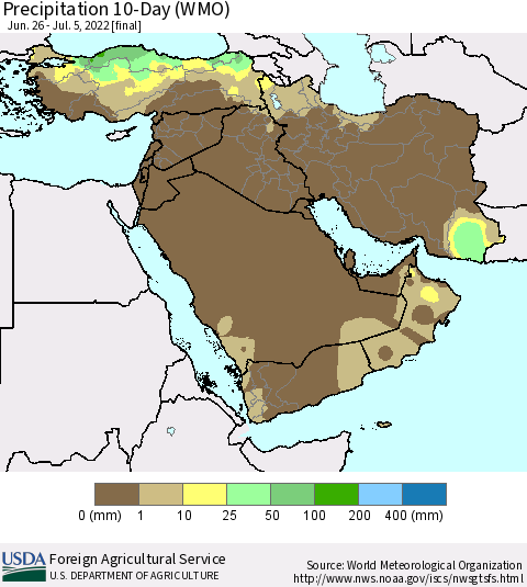 Middle East and Turkey Precipitation 10-Day (WMO) Thematic Map For 6/26/2022 - 7/5/2022