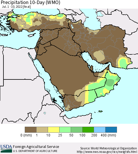 Middle East and Turkey Precipitation 10-Day (WMO) Thematic Map For 7/1/2022 - 7/10/2022