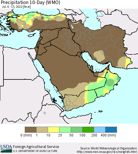 Middle East and Turkey Precipitation 10-Day (WMO) Thematic Map For 7/6/2022 - 7/15/2022