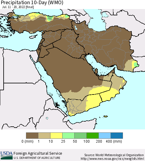 Middle East and Turkey Precipitation 10-Day (WMO) Thematic Map For 7/11/2022 - 7/20/2022