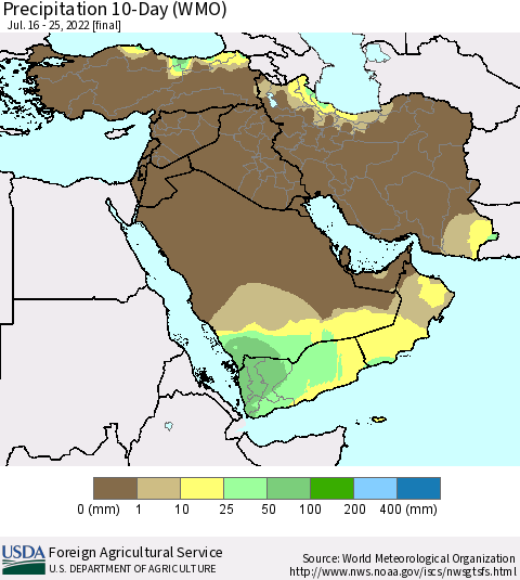 Middle East and Turkey Precipitation 10-Day (WMO) Thematic Map For 7/16/2022 - 7/25/2022
