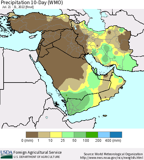 Middle East and Turkey Precipitation 10-Day (WMO) Thematic Map For 7/21/2022 - 7/31/2022