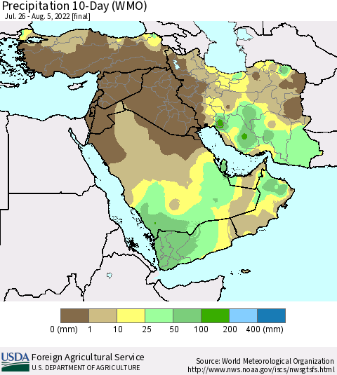 Middle East and Turkey Precipitation 10-Day (WMO) Thematic Map For 7/26/2022 - 8/5/2022