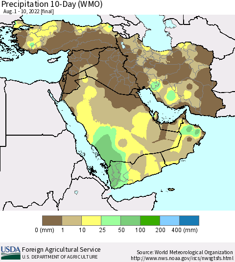 Middle East and Turkey Precipitation 10-Day (WMO) Thematic Map For 8/1/2022 - 8/10/2022