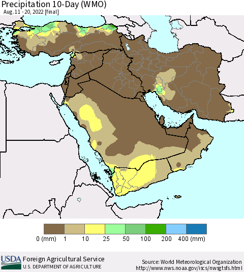 Middle East and Turkey Precipitation 10-Day (WMO) Thematic Map For 8/11/2022 - 8/20/2022